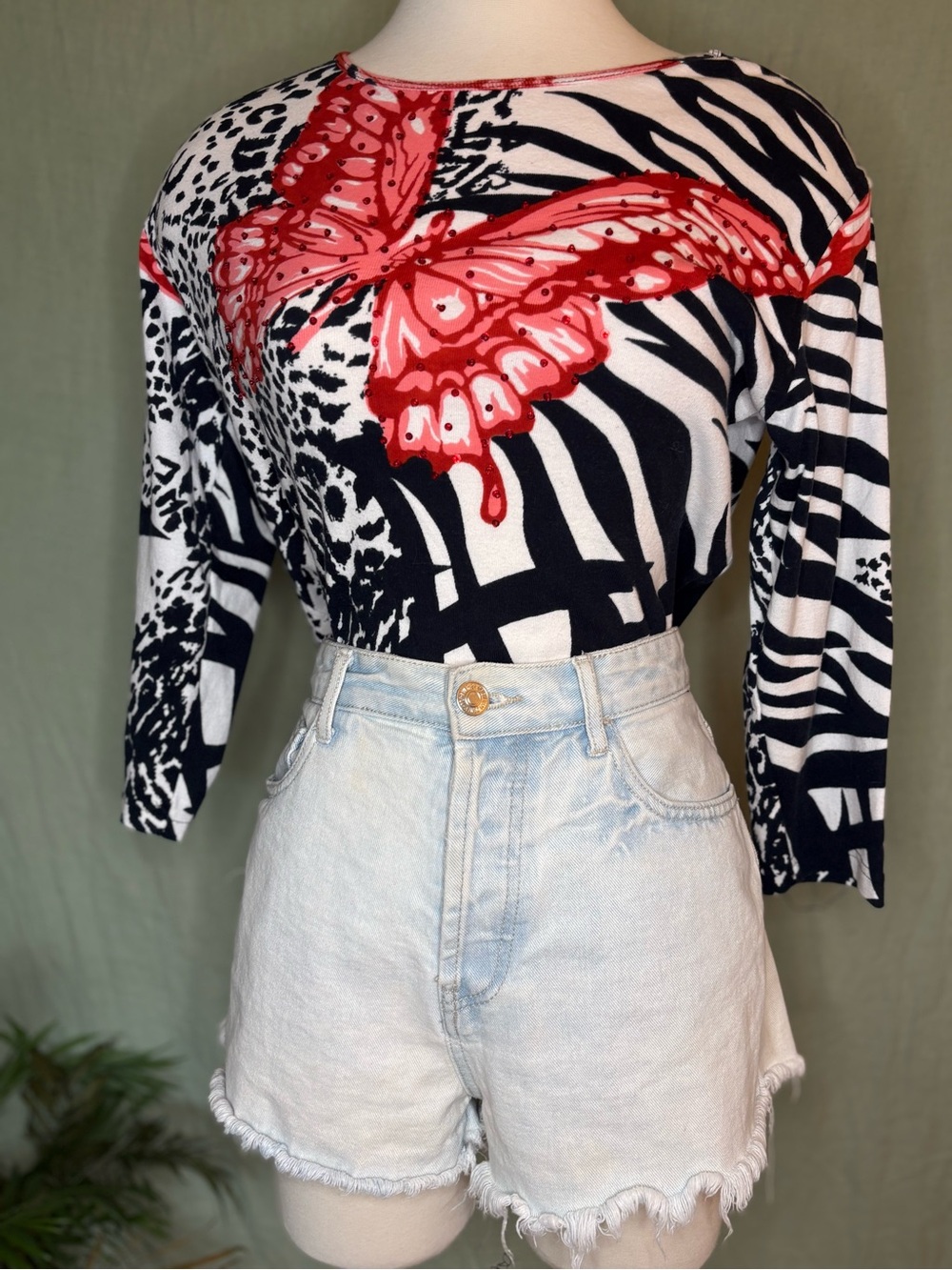 Black & White with Red Butterfly Quarter-Sleeve Top 100% Cotton!